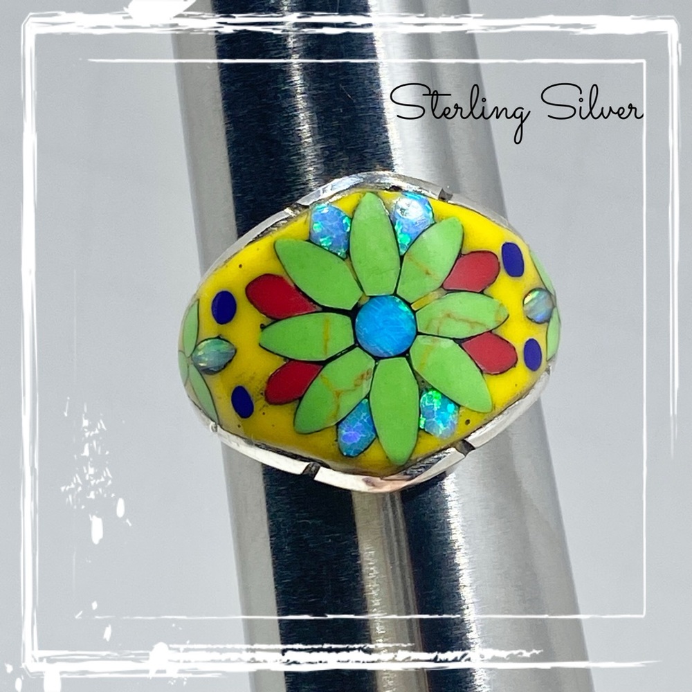Signed-SM, Sterling Silver Multi Colored Flower Inlaid Gemstone Ring Size 9 - Picture 2 of 8